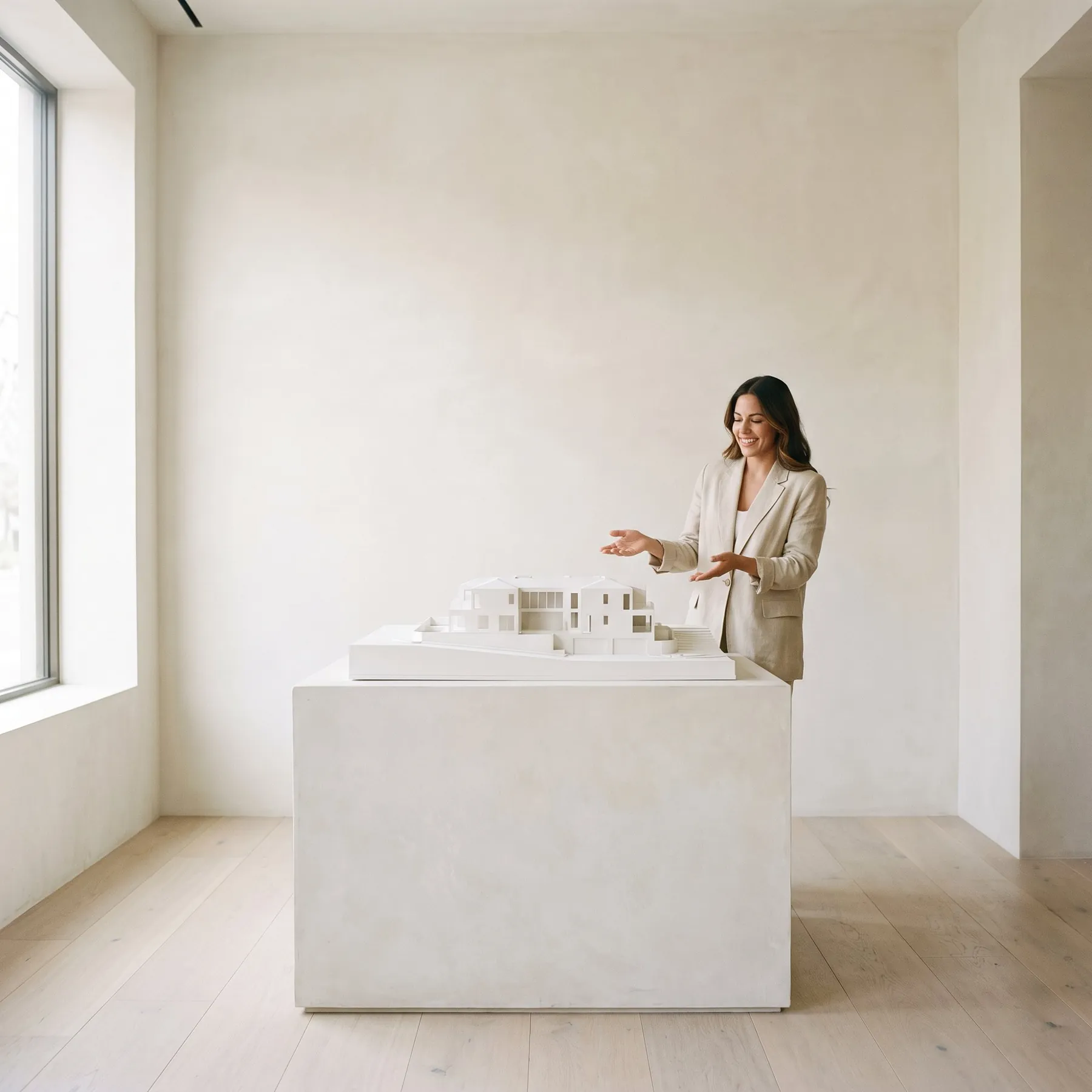 Sales director presenting the Holly Street Lofts model at the sales gallery
