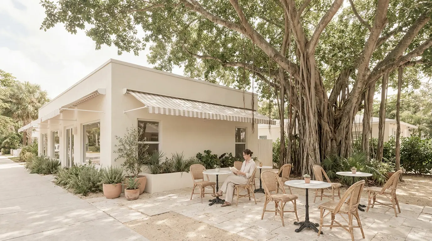 Neighborhood cafe terrace under a big shade tree
