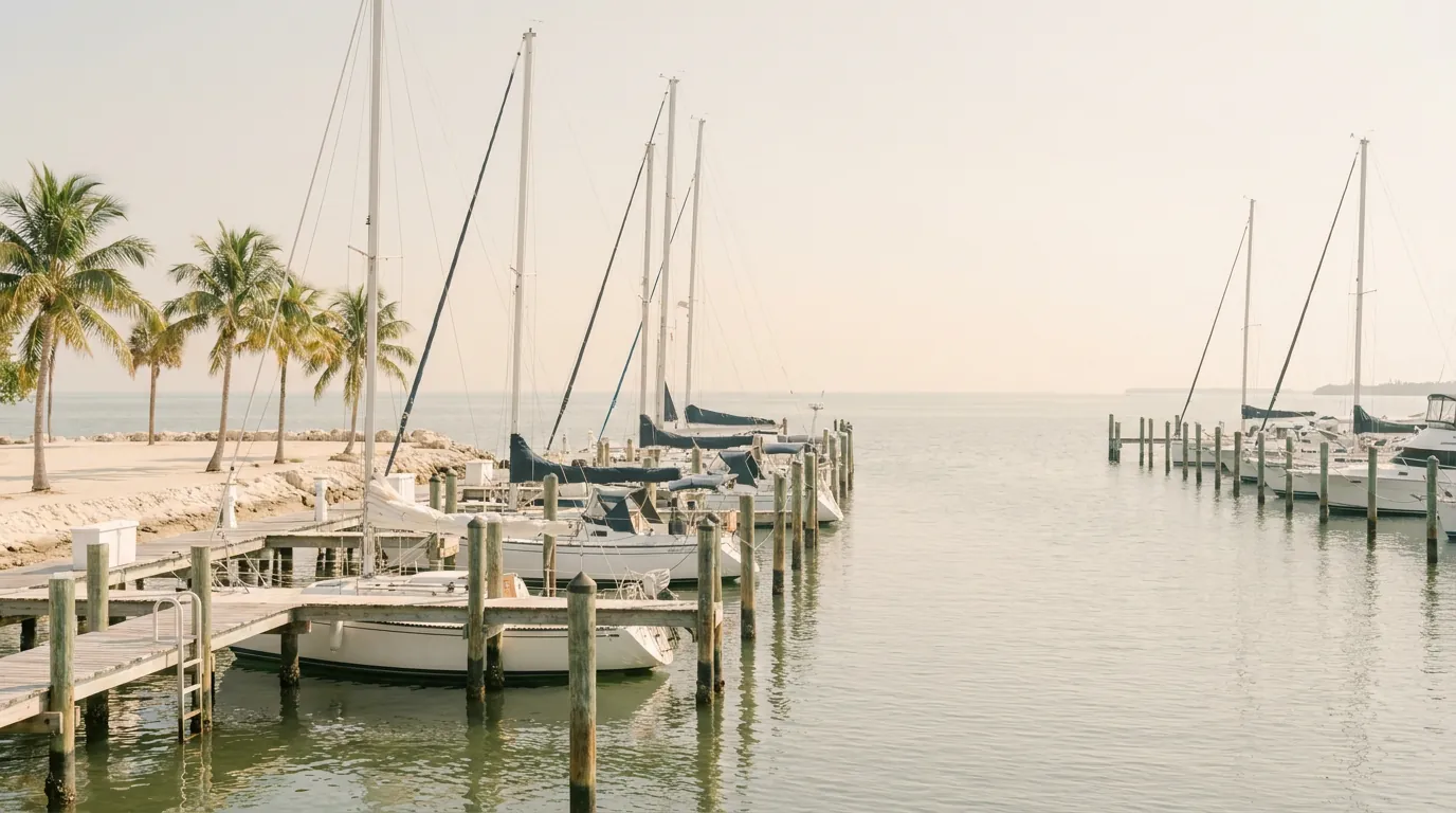 Sailboats moored at a lakeside marina