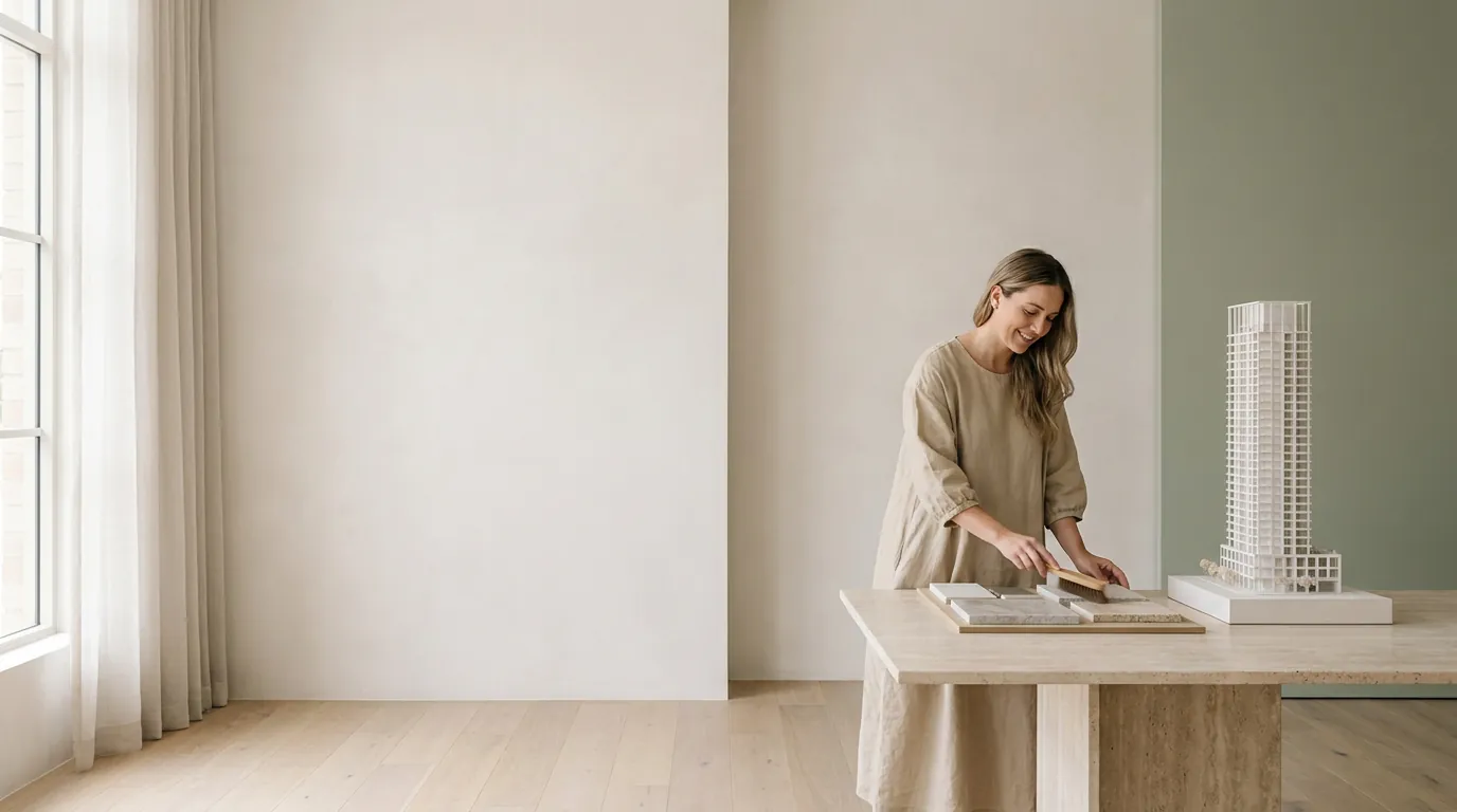 Elena Cho in the sales gallery choosing finishes